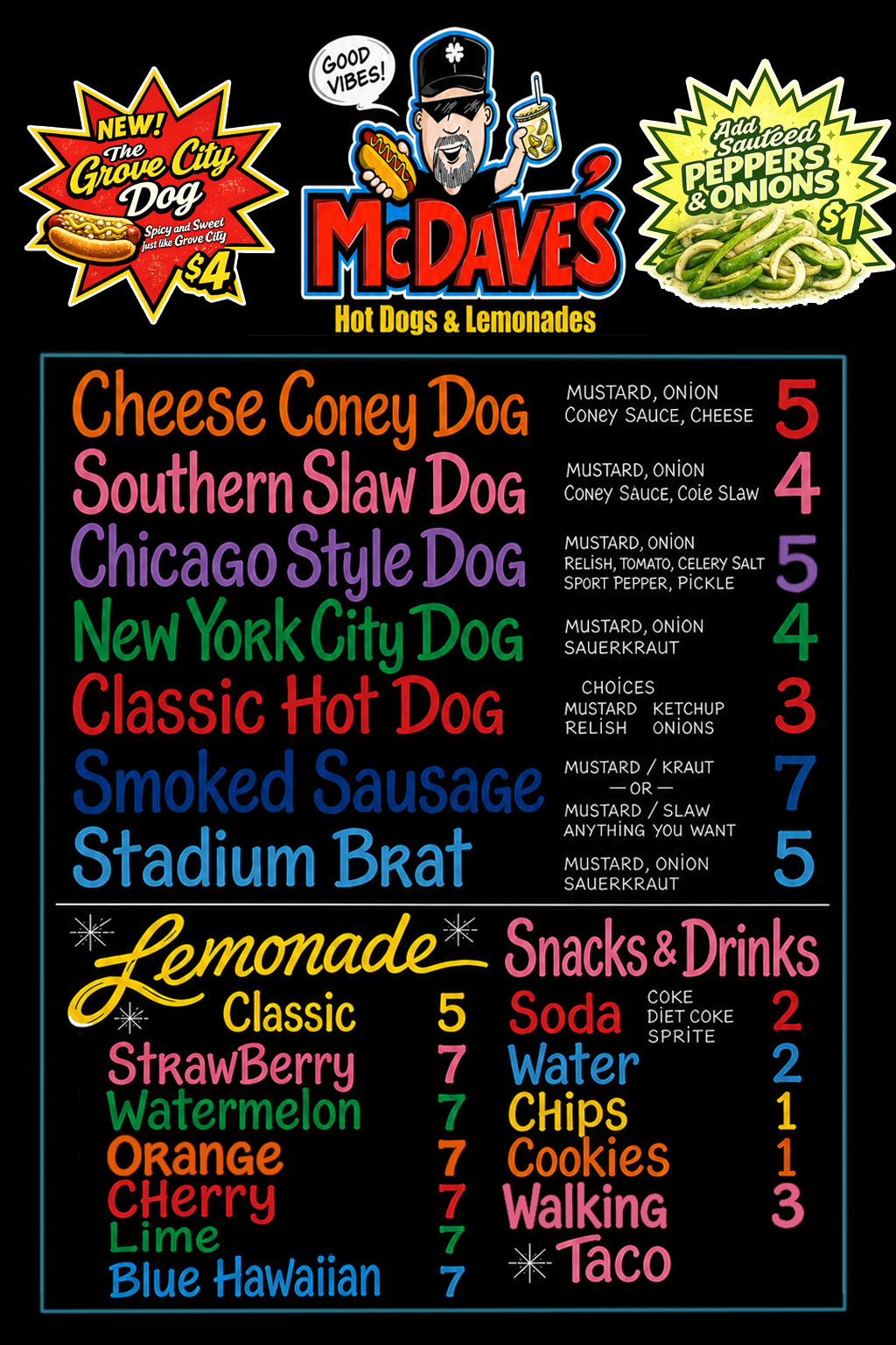 McDave’s 2026 menu board with hotdogs, lemonade, snacks, and drinks